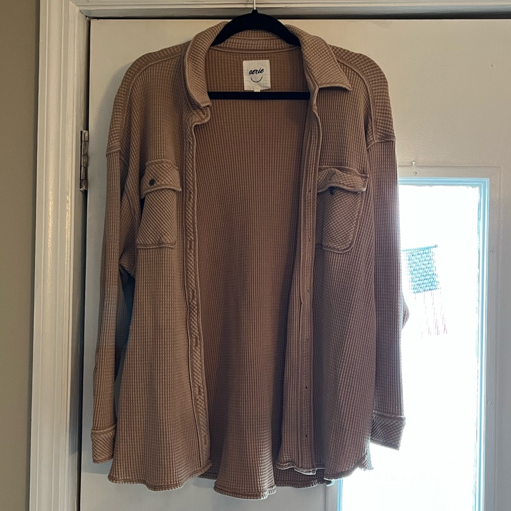 Aerie Lumberjane Waffle Knit Button Down Oversized Top - Tan